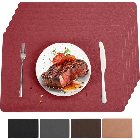 Vinyl Placemats Set of 6 Heat Resistant Easy Clean Non-Slip Place Mats for Dining Table Faux Leather Waterproof Stain Resistant Wipeable Washable PVC Table Mats(6, Red)