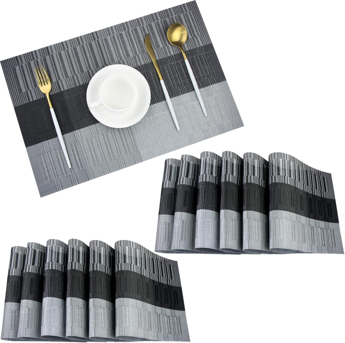 Vinyl Placemats Set of 12 Washable Durable Kitchen Placemats Easy to Clean Plastic Placemats for Dining Table (Black)