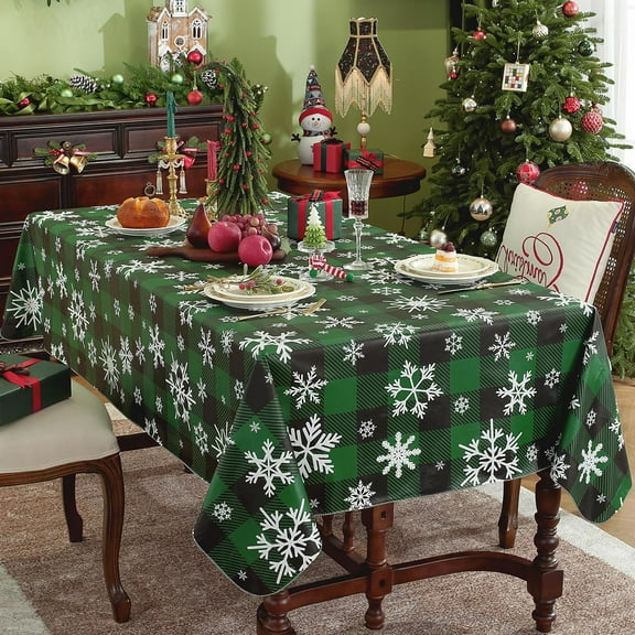 Vinyl Plaid Christmas Tablecloth with Flannel Backing Xmas Snowflake Waterproof Gingham Table Cloth, Plastic Table Cover for Holiday, Winter, Indoor, Outdoor, Rectangle 60x84 Inch Green and Black
