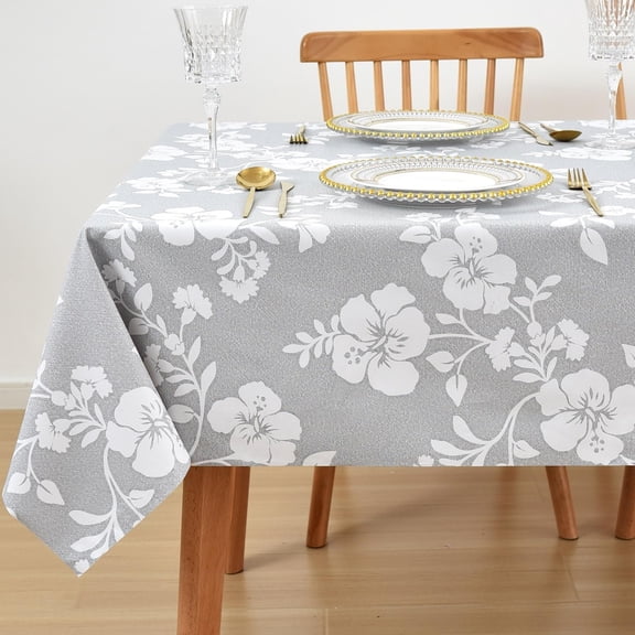 Vinyl Plastic PVC Tablecloth Waterproof Vintage Oilcloth Oblong Floral Wipeable PVC Farmhouse Spillproof Fall Long Tablecloths Cover Cloth Outdoor Tables Camp 60x 84 Grey White Flowers