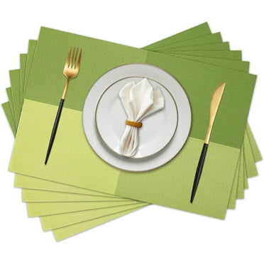 Vinyl Plastic Placemats Set of 6 Washable Heat Resistant Non-Slip Elegant Indoor&Outdoor Kitchen Dining PVC Woven Table Place Mats (Matcha Green Lattice Block)
