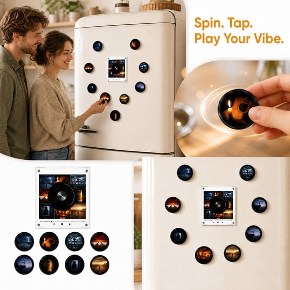 Vinyl Player Fridge Record NFC Magnetic Music Box Set ,Mini Jingle Magnets, Refrigerator Custom Storage, Personalized Retro, 9 PCS Programmable Playback, Aesthetic Desk Decor Gift