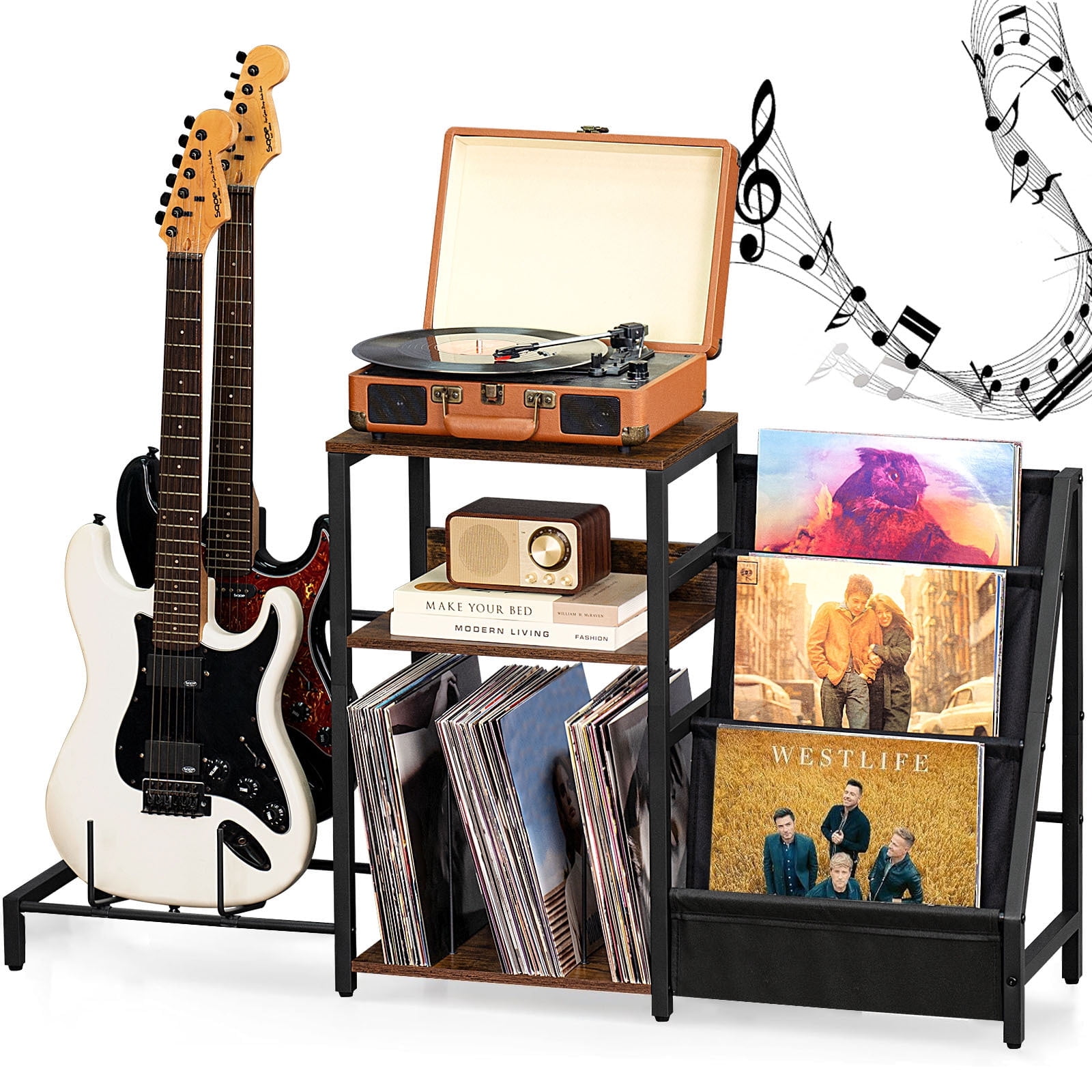 Vinyl Player Stand, Adjustable Guitar Stand for Acoustic Guitar, Violin, 3-Tier Turntable Stand with Vinyl Storage, Holds Up to 150 Albums, Retro Media Console Table for Living Room