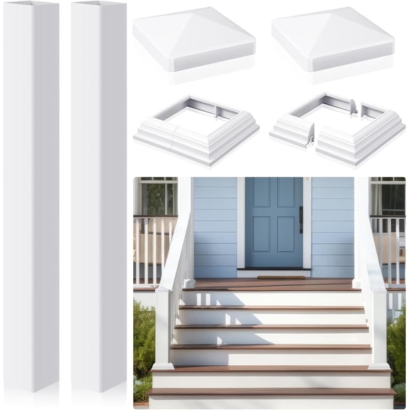 Vinyl Post Kit Vinyl Post Sleeve Vinyl Post Cover Vinyl Post Caps Fence Post Caps Vinyl Post Skirt White Vinyl Post Base Porch Column Wraps for 3.5-3.8 Inch Post