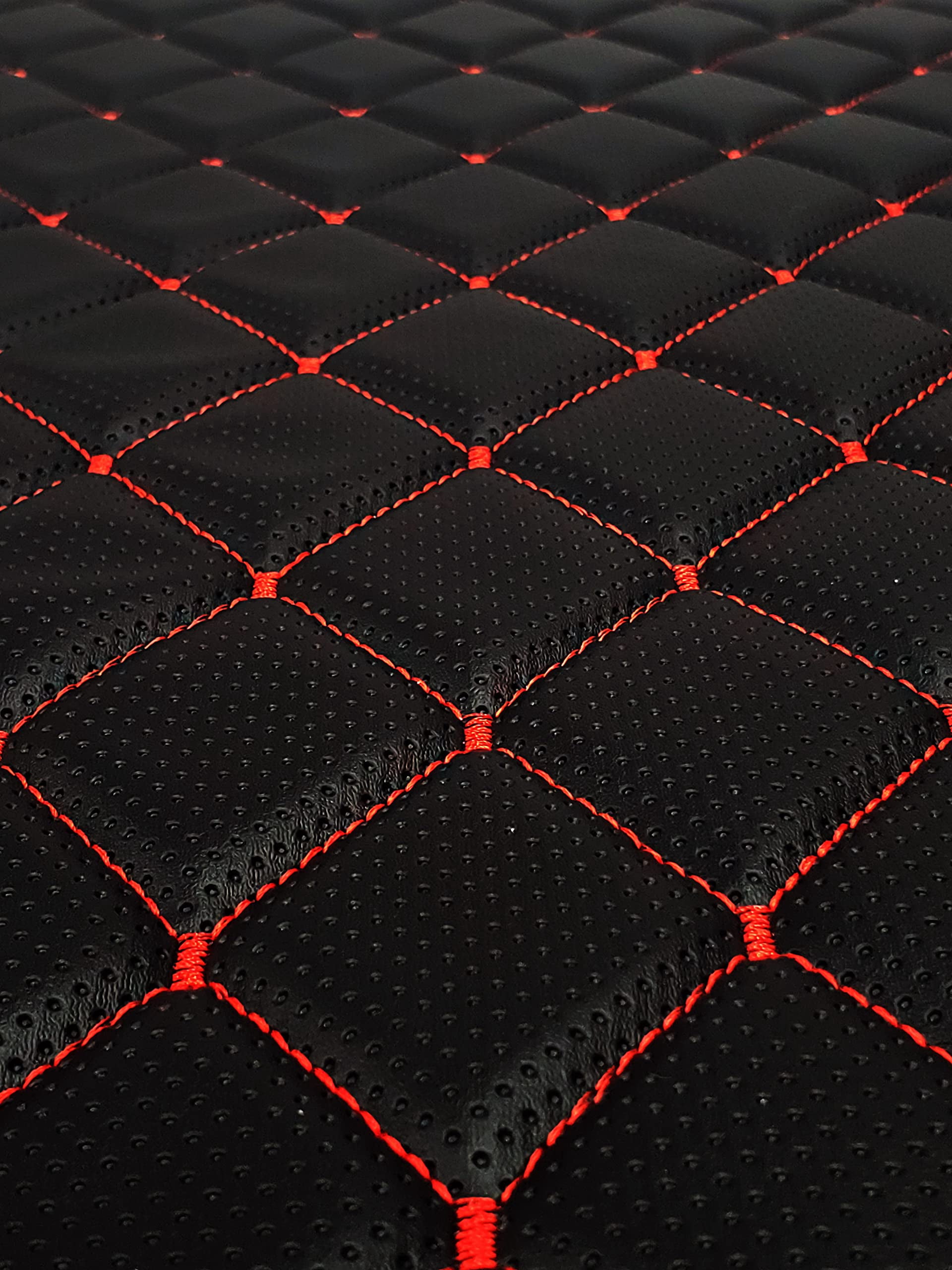 Vinyl Quilted Foam Fabric w 3/8" Foam Backing Upholstery /52" Wide/Continuous Yard/ Automotive Racing Car Interior Boat Furniture DIY Faux Leather (Black Perforated Look Hq Red Thread, Diamond 2"x3")