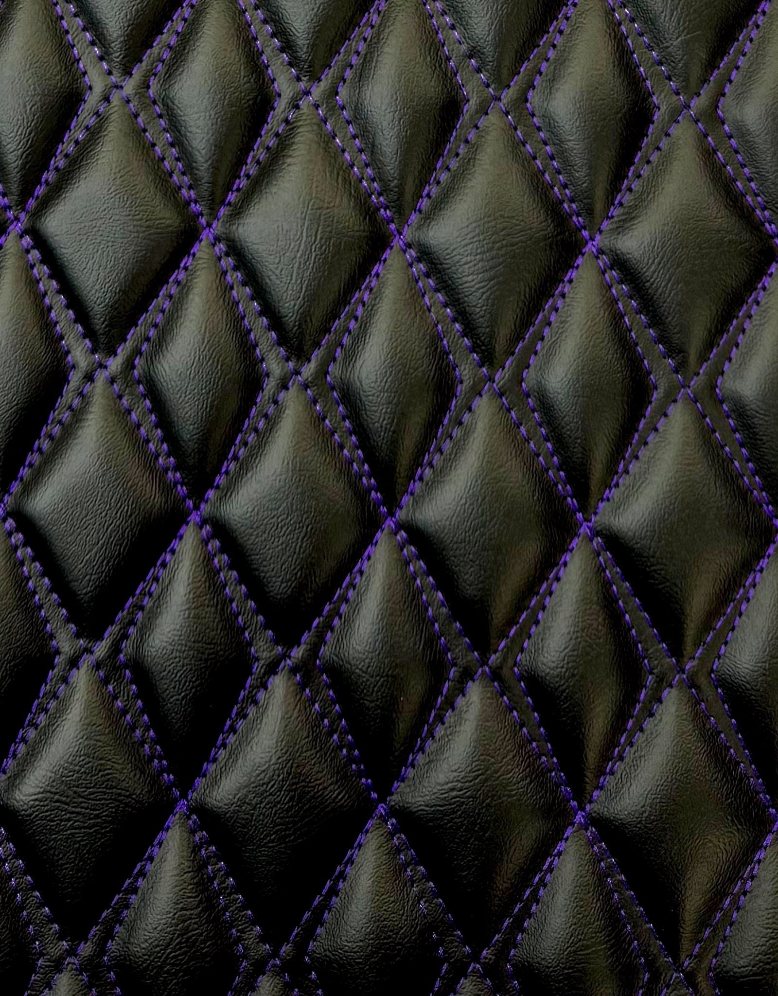 Vinyl Quilted Foam Padded Fabric W 3/8" Foam Backing Upholstery Car Headliner Vehicle & Motorcycle Seats Door Panels /58" W/ Continous Yard (Black-Purple Double Stitching, Diamond 2"X3")