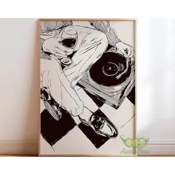 Vinyl Record And Wine Line Drawing Wall Art Print, Unframed Paper Poster 8x10in