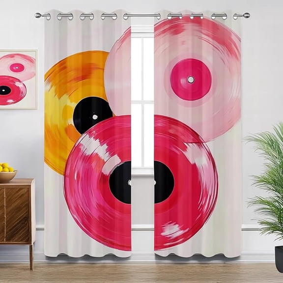 Vinyl Record Blackout Curtains for Bedroom Living Room, Retro CD Card Album Music Theme Patterned Window Treatments, Room Darkening Thermal Insulated Grommet Drapes 26"W x 45"L (Pack of 2)
