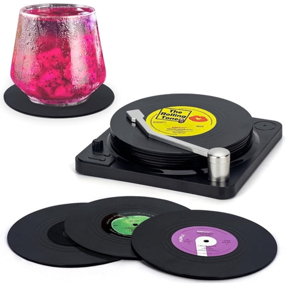 Vinyl Record Coasters Set of 4 with Turntable Holder, Retro Drink Coasters for Bar, Coffee Table & Desk, Music Lover Gifts for Men, Dad, Housewarming