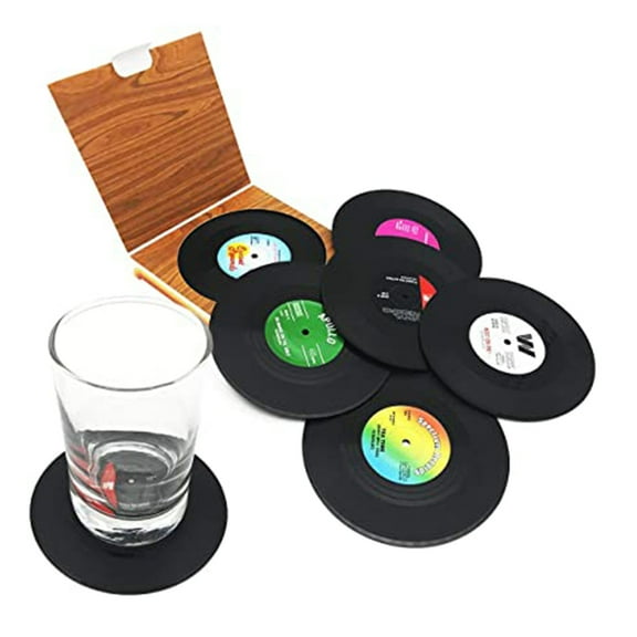 Vinyl Record Coasters Vinyl Coasters Set of 6 Retro Music Theme,4.1" Diameter,Durable & Lightweight Material Records Decor for Coffee Table,Kitchen & Bar,Functional Retro Gift for Music Lovers