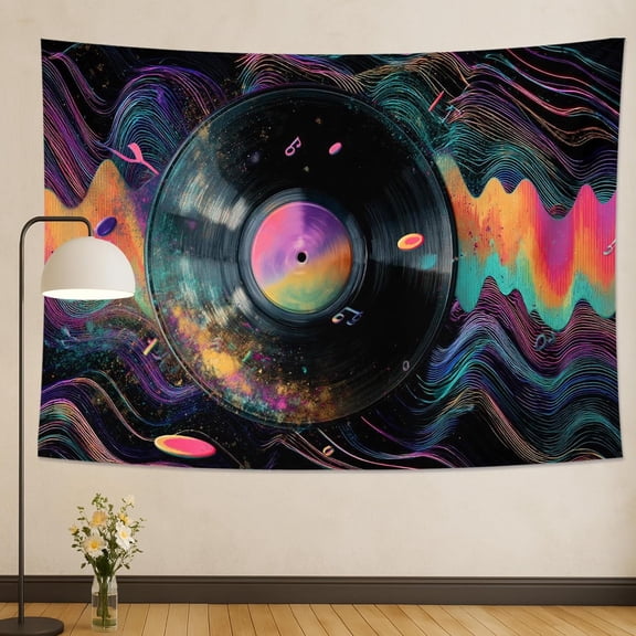 Vinyl Record Galaxy Tapestry Cosmic Waves Psychedelic Decorative Wall Hanging Retro Music Space Decor for Living Room Bedroom Dorm 30 x 40 Inch