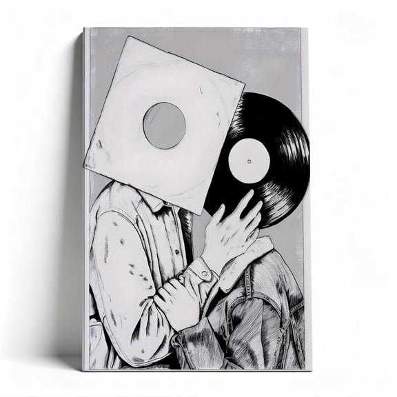 Vinyl Record Head Canvas Wall Art, Retro Music Decor, Surreal Pen & Ink Artwork for Music Room, Ready to Hang