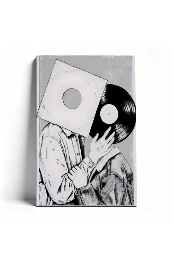 Vinyl Record Head Canvas Wall Art, Retro Music Decor, Surreal Pen & Ink Artwork for Music Room, Ready to Hang