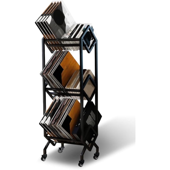 Vinyl Record Holder, 3 Tier Mobile Vinyl Record Storage Shelf for 260-280 LP Storage, Matte Black Metal  Stand for Albums, Magazine Display, Book