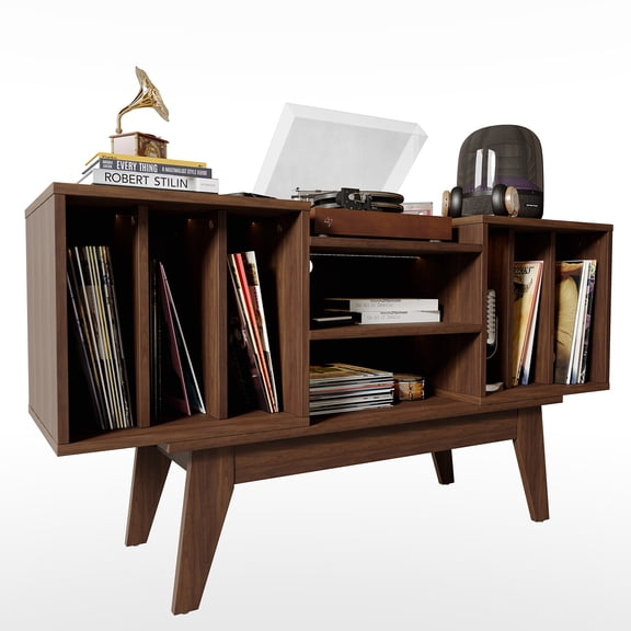 Vinyl Record Holder, Record Player Table Holds 450 Albums, Solid Wood Legs Record Stand for Music Room, Media Shelf Cabinet, Wooden Stereo Cabinet for Living Room, Bedroom-Walnut