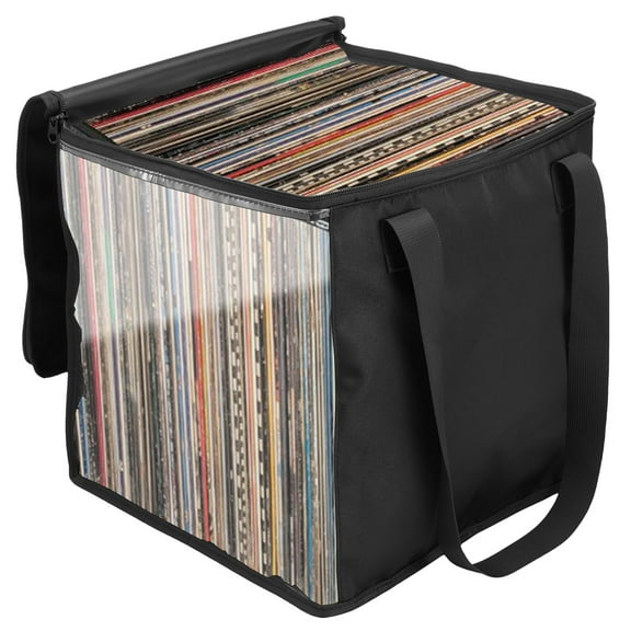 Vinyl Record Organizer Clear Vinyl Record Carrying Bag with Handle and Lid Large Capacity Record Album Holder Holds up to 50 Vinyl Albums for Traveling Store Collection