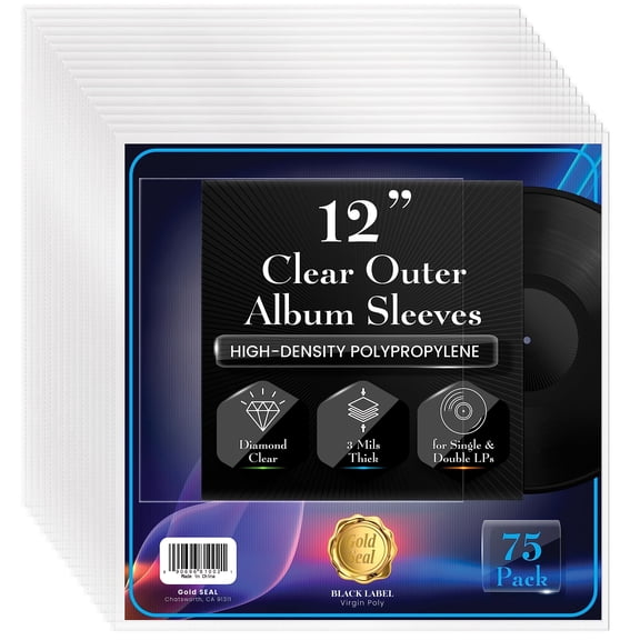 Vinyl Record Outer Sleeves for 12" LPs, 3 mils Thick, Premium Heavyweight Record Cover Protectors, High-Density Diamond Clear Polypropylene, 12.75" x 12.75", by Gold Seal (75 Pack)