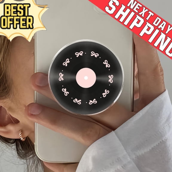 Vinyl Record Phone Grip, Aesthetic Coquette MagSafe , Cute Retro Music Lover Gift, Pink Bow Record Player Mobile Stand