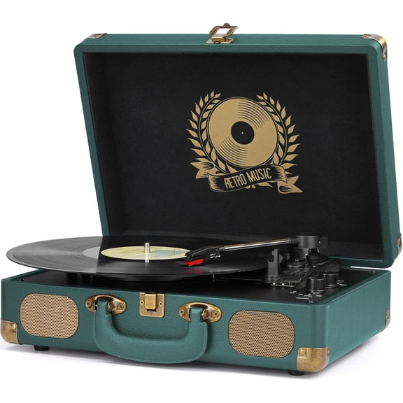 Vinyl Record Player Bluetooth Turntable 3-Speed Suitcase Portable Vintage Belt-Driven Record Player with Built-in Speakers RCA Line Out AUX in Headphone Jack Hunter Green