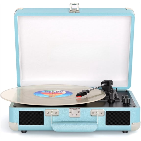 Vinyl Record Player Bluetooth Vintage 3-Speed Portable Suitcase Turntables with Built-in Speakers, Belt-Driven LP Player Support USB Recording AUX-in RCA Line Out Headphone Jack