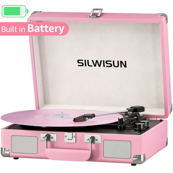 Vinyl Record Player Built in Battery 3 Speed Turntable with Wireless, Portable Suitcase.Built in Speakers, 3.5Mm Headphone Jack Aux In/Rca Out for Home Decoration Gift Pink Green Brown Black