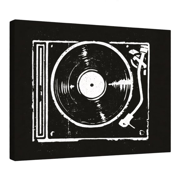 Vinyl Record Player Canvas Wall Art, Black and White Turntable Illustration, Retro Music Decor for Living Room Bedroom Music Room Office, 10x8 Inch