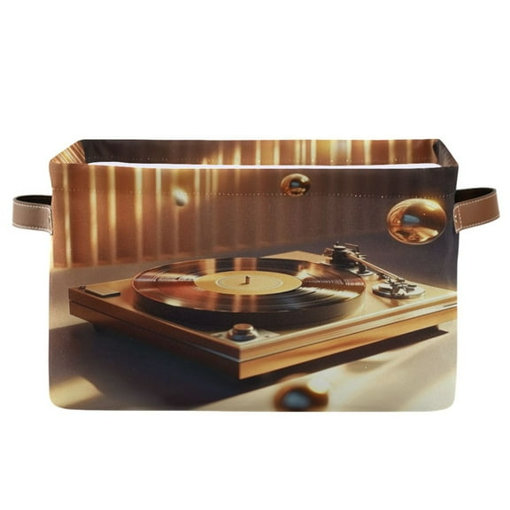 Vinyl Record Player Pattern Foldable Storage Basket,Canvas Fabric Foldable Storage Bins with Handles Open Home Storage Bins Boxes for Toy Book Shelf Closet Baskets