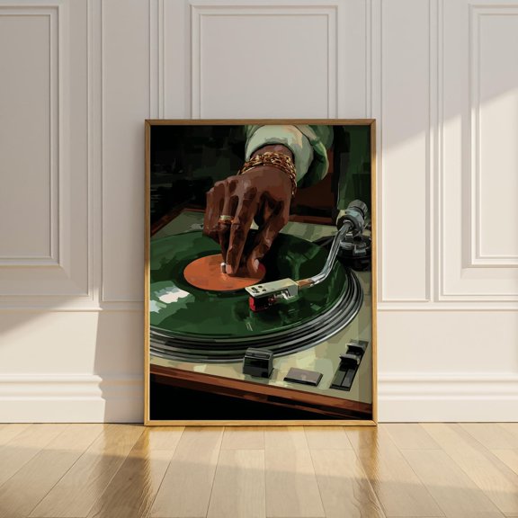 Vinyl Record Player Poster Print Vintage Oil Painting Black Woman Wall Art DJ Retro African Soul Music Lover Wall Decor Gift Matte Poster, Unframed Poster