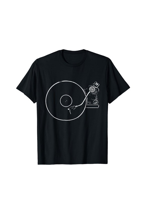 Vinyl Record Player Sketch Drawing Short Sleeve T-Shirt Black Casual Tee