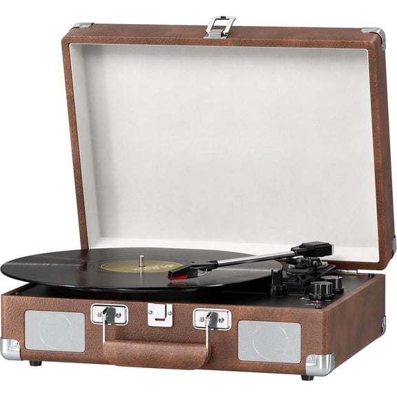 Vinyl Record Player with Speakers Vintage Bluetooth Turntable, Battery Powered Portable Pink Vinyl Player, Retro Suitcase Phonograph, 3-Speed Lp Player RCA Out AUX in Headphone Jack