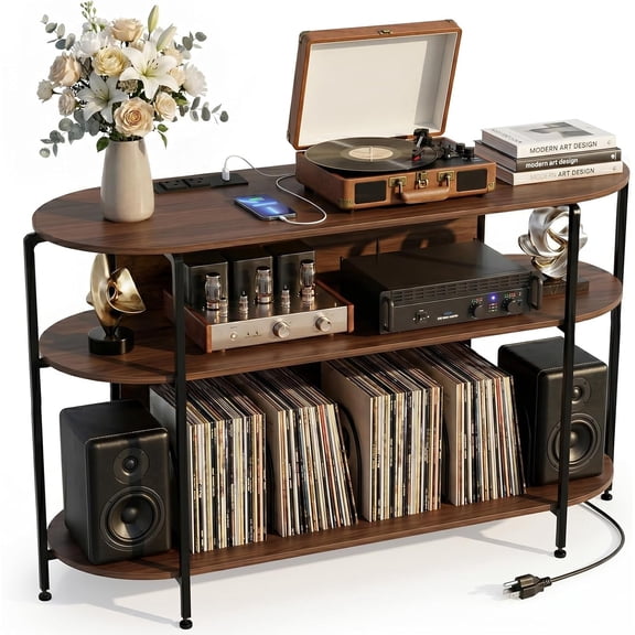 Vinyl Record Player Stand with Power Outlets, 43.3" Mid Century Turntable Stand Console Table, 3-Tier Arc Record Table Holder Shelf with Vinyl Storage for Living Room, Walnut