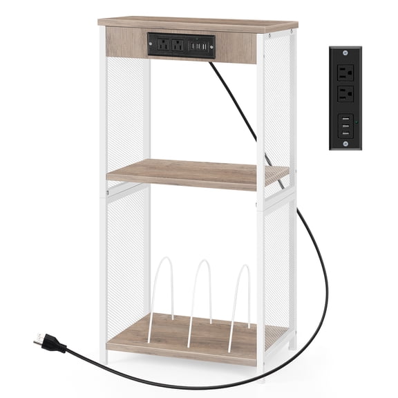 Vinyl Record Player Stand with Charging Station, 3-Tier Turntable End Table with Storage Shelves