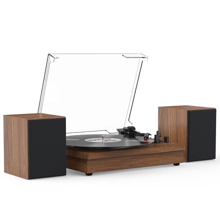 RetroAudio Vinyl Record Player with Bookshelf Speakers, 3-Speed vintage Turntable Support Bluetooth Playback,Brown