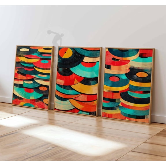 Vinyl Record Retro Music Wall Art Colorful Abstract Turntable Record Player Set 3 Stretched Canvas 12x18