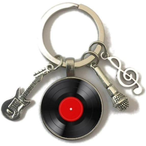 Vinyl Record Rock Band Keychain Key Chain Music Lover Keyboard Player Piano Mic Microphone Singer Musician Guitar 80's Hair Music Metal Shred Passion Thrash Punk Style Phonograph Album
