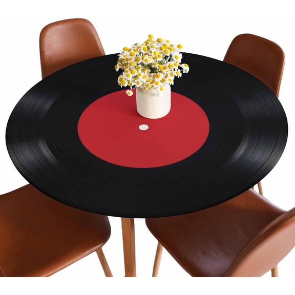 Vinyl Record Round Tablecloths Elastic Edged Red Black White Ring Art Music Tablecloths Washable Reusable for Kitchen Picnic Party 40-44 inch