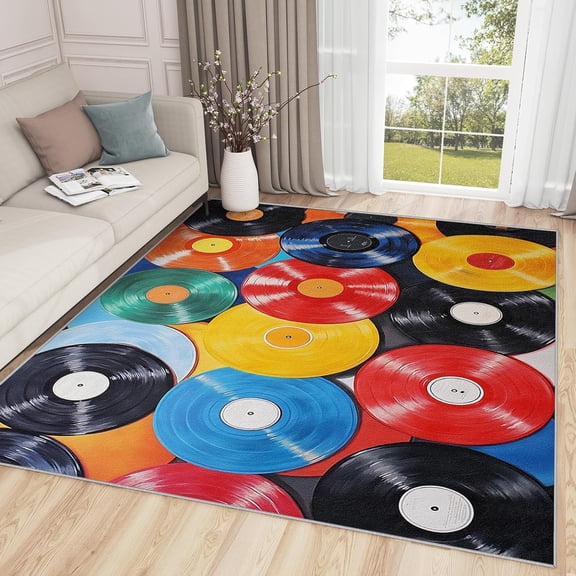 Vinyl Record Rugs for The Floor,Retro Musical Area Rug, Colorful Music Records Rugs for Bedroom, Cool Music Theme Living Room Area Rug, Rock Home Decor, Vinyl Record Gifts-4' x 6'