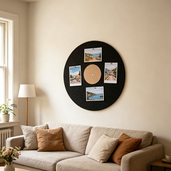 Vinyl Record Shaped Fabric Photo Board 15.74 inch Round Polyester Note Board for Wall Decor Photo Display Organizer Home