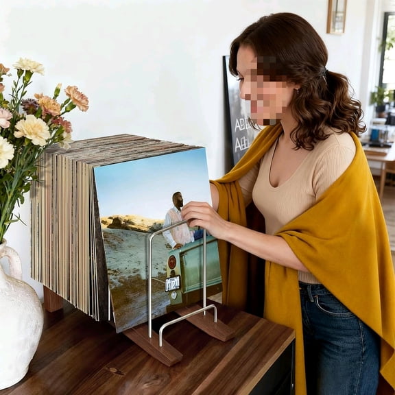 Vinyl Record Storage for 75 LPs, Walnut Wood Record Holder for Album Display, Now Playing Vinyl Record Stand, Adjustable Vinyl Organizer Record Rack$$