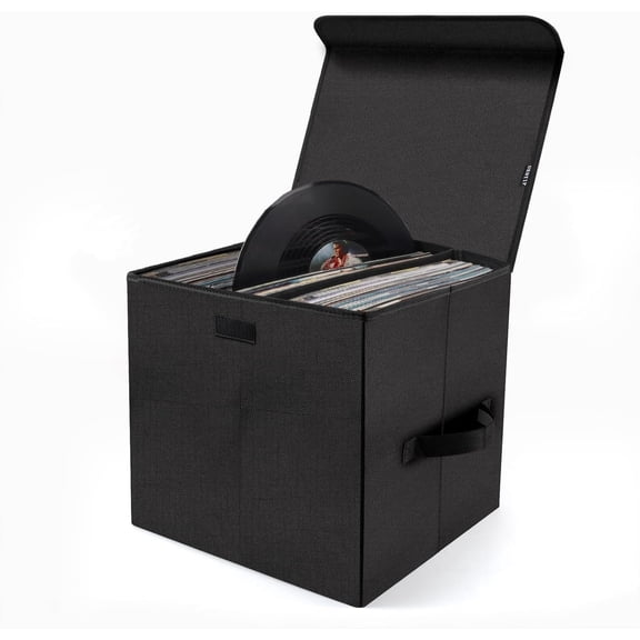 Vinyl Record Storage Box for 12 Inch LPs, Holds up to 80 Albums, Collapsible Storage Crate with Lid & Handles for Valuable Album Collection (Black, 13 Inch)