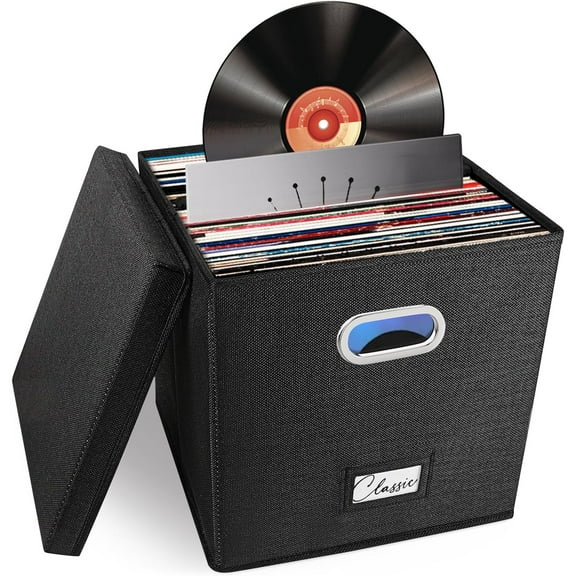 Vinyl Record Storage Box for 50+ Single LPs (12-Inch), Stackable Albums Linen Crate with Lid, Collapsible Play Music Collection Holder, Document File Folder Cabinet Organizer Case with Handle