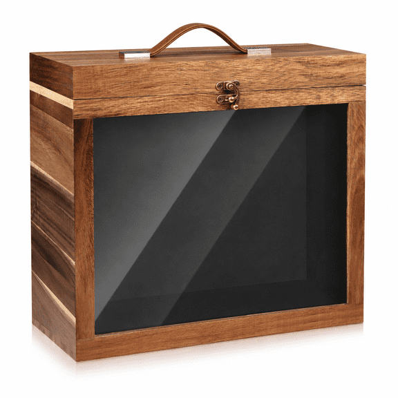 Vinyl Record Storage Box - Acacia Wood LP Storage Case with Acrylic Display Window and Soft Lining, Holds 30-35 Albums, Record Organizer for Music Collection (Natural Wood)
