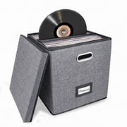 Vinyl Record Storage Box Album Storage Holds up 50+ Single Record, LP Storage Organizer Crate With Lid, Decorative Moving Box for Records Grey