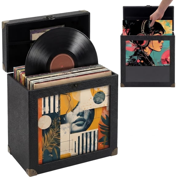 Vinyl Record Storage Box with Display Window, Holds 30-35 Single Records 7/10/12 Inch Albums, PU Leather Record Case with Lid & Handle, Water-resistant Lp Storage for Records(Black,PU)