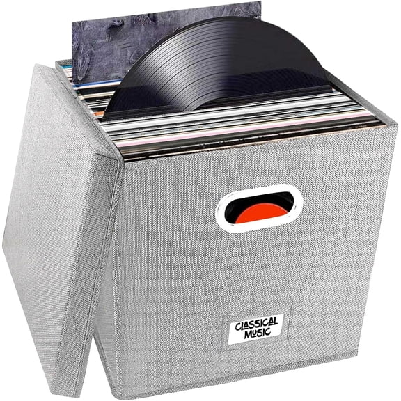 Vinyl Record Storage Box with Lid - Holds 100+ LPs, 12.99 Inch Stackable & Collapsible Fabric Organizer Crate Cube for Album Collection, Decorative Storage Bin for Living Shelf, Grey