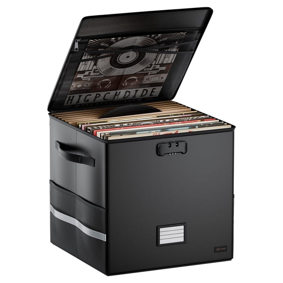 Vinyl Record Storage Box with Lock, Album Storage Holds up 100+ Single Record, Fireproof and Water Resistant Record Organizer, Collapsible File Organizer for Protect Your Precious Collection