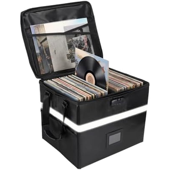 Vinyl Record Storage Box with Lock, Fireproof & Water Resistant Album Storage for 150+ Records 12 inch, LP Storage Case with Adjustable Handle for Collectors, 16.7" x 13" x 13"$$Office