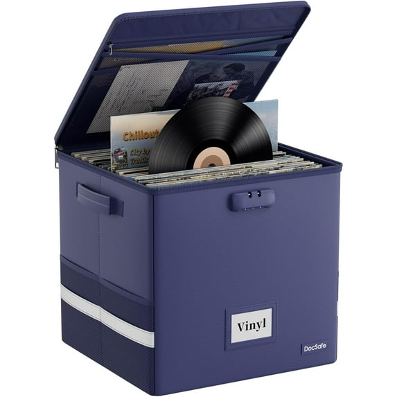 Vinyl Record Storage Box with Lock, Fireproof&Water Resistant Record Organizer for 100+ Single Records(12-inch), Collapsible Storage Crate with Lid&Handles for Valuable Album Collection, Blue