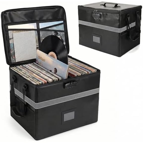 Vinyl Record Storage Box with Lock, Fireproof Water Resistant Record Organizer for 150+ Single Records 12-inch, Collapsible Crate Box for Valuable Album, 16.7'' x 13.2'' x 13.4''$$Office