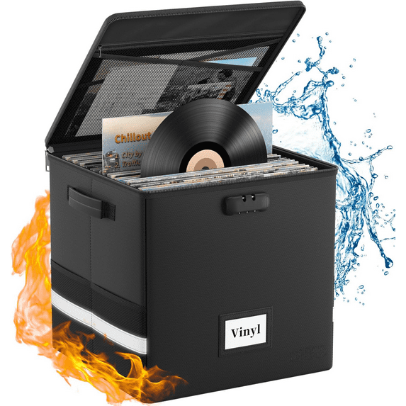 Vinyl Record Storage Box with Lock,Fireproof＆Water Resistant Record Organizer Storage for 100+ Single Records(12-inch),Collapsible Storage Crate with Lid&Handles for Valuable Album Collection